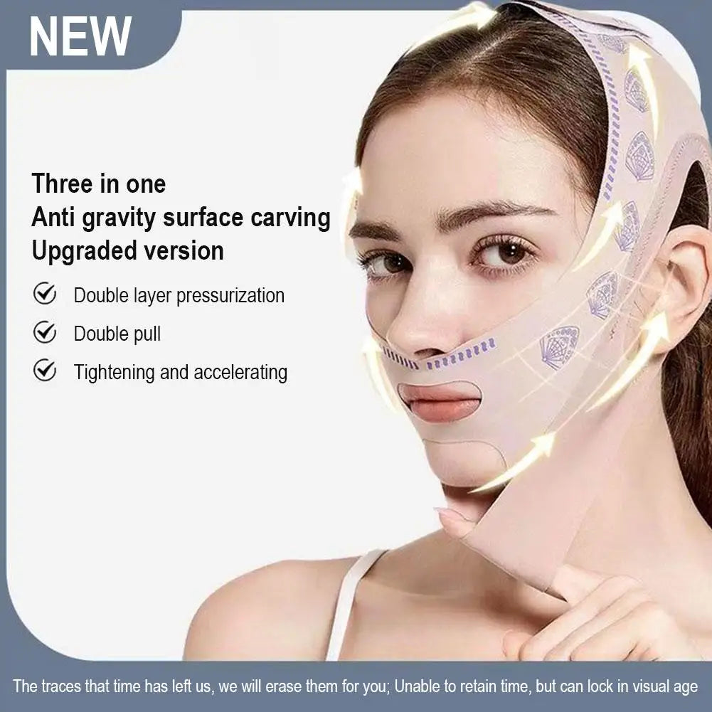 A woman wears a beige, butterfly-patterned face-lifting strap that covers the chin and wraps around the head.