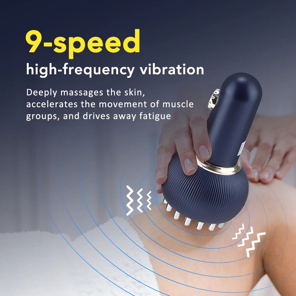 9-speed electric meridian brush with vibration for body massage, slimming, and gua sha on a person's shoulder.
