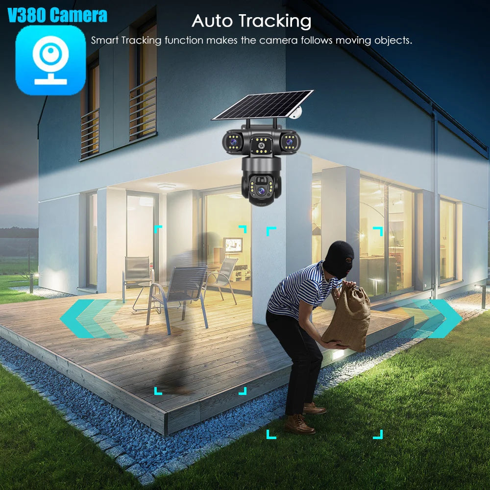 V380 Solar 4G IP Camera Outdoor 12MP 6K Triple Lenses Triple Screens Security Video Monitor Night Vision Waterproof CCTV Cameras