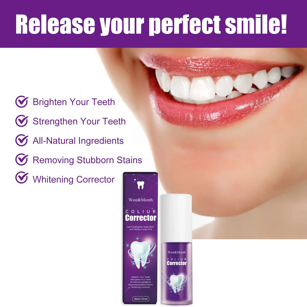 Tidesmit purple teeth whitening toothpaste for stain removal, color correcting, and brightening smile.