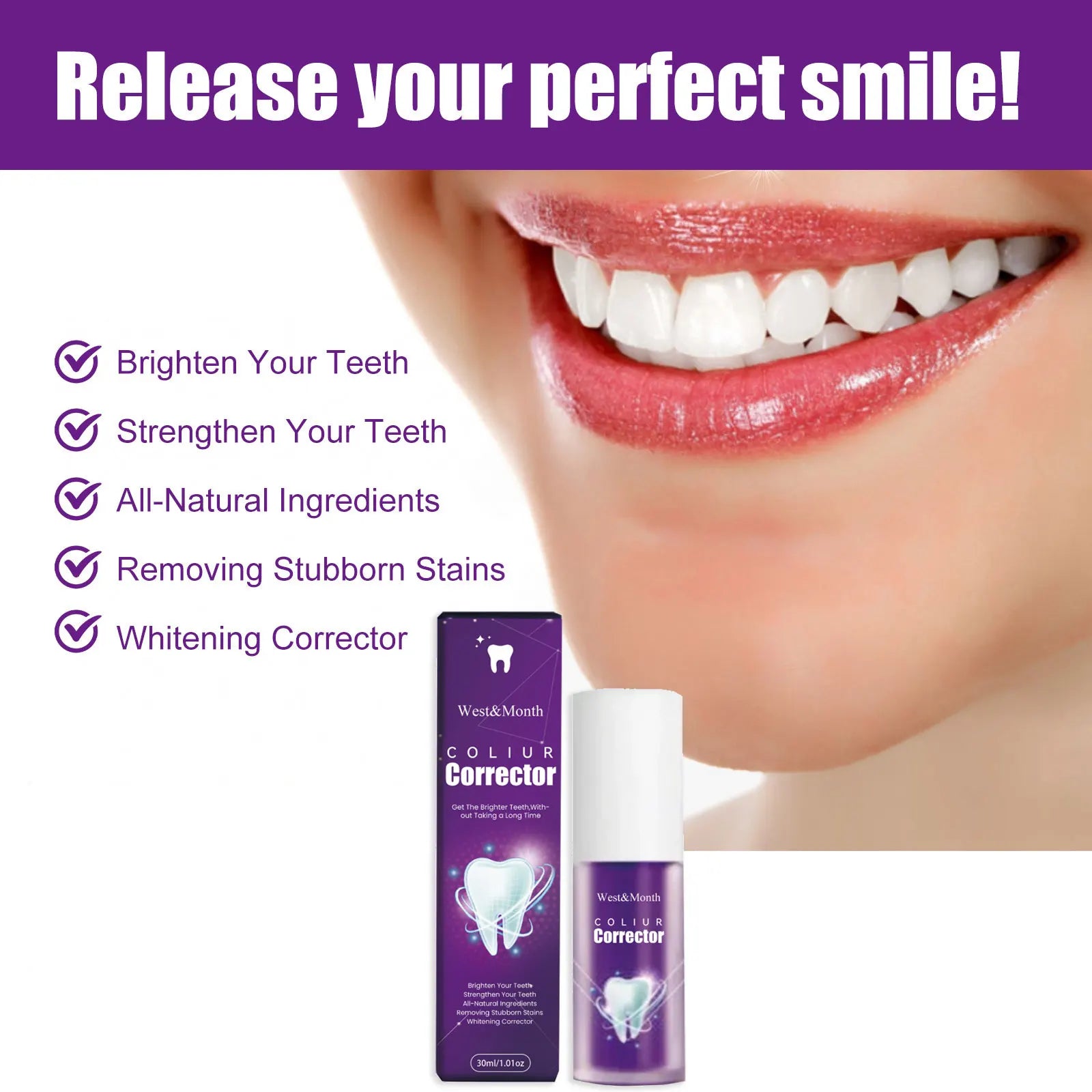 Tidesmit purple teeth whitening toothpaste for stain removal, color correcting, and brightening smile.