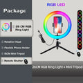 26cm RGB LED ring light with phone holder, 15cm tripod stand, and remote shutter for photography and video streaming.