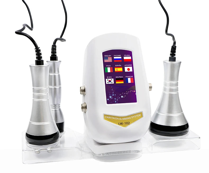 White 3-in-1 body slimming machine with a digital touch screen and three silver metal handheld probes on a clear stand.