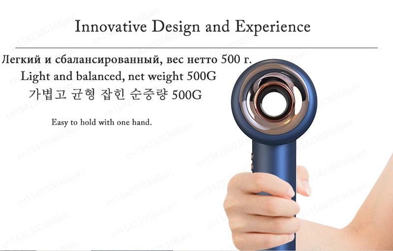 Blue leafless hair dryer with negative ion technology. Lightweight 500g professional styling tool for home hair care.