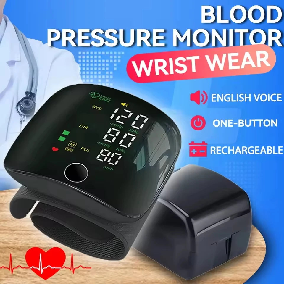 Voice Portable LED Wrist Blood Pressure Monitor Portable Rechargeable Digital Tonometer Sphygmomanometer BP Monitor