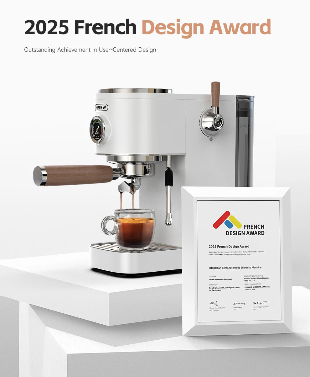 HiBREW white semi-automatic espresso machine with wooden handle and analog gauge, winner of a 2025 French Design Award.