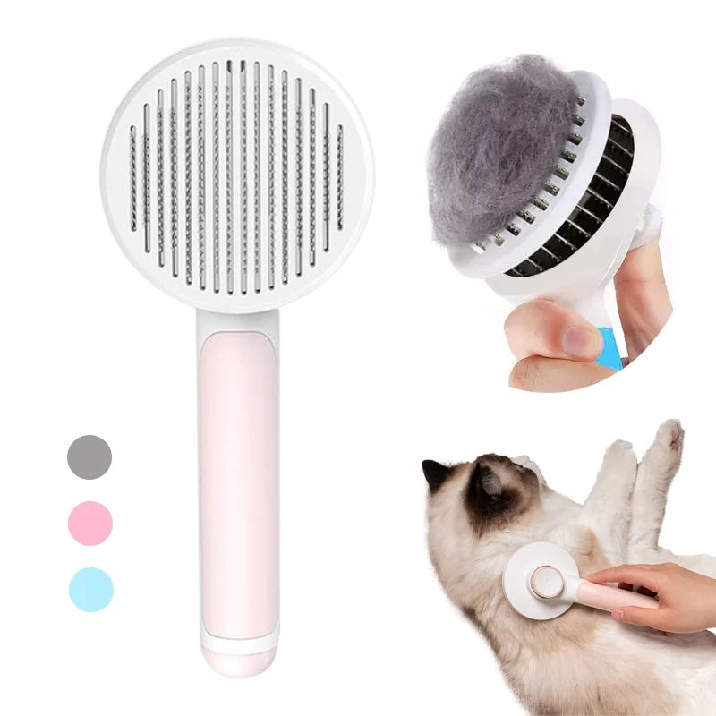 Self-cleaning slicker brush for dogs and cats. Removes loose fur and tangles. White and pink ergonomic grooming tool.