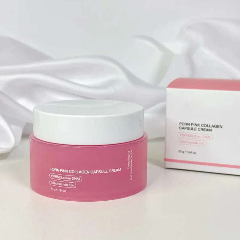 Pink collagen face cream jar with white cap and front label, lightweight moisturizer