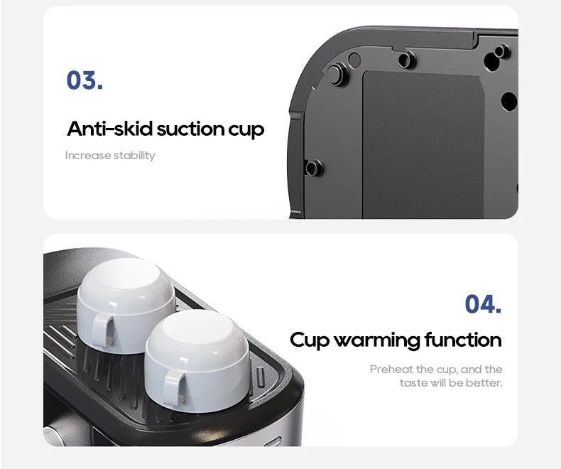 Black espresso machine features anti-skid suction feet for stability and a top surface cup warming tray.