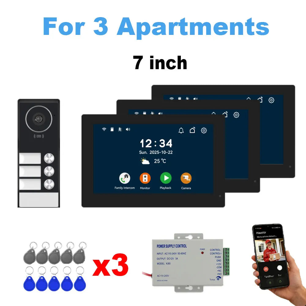 7" Touch Monitor Tuya WIFI Video Building Intercom System 2 Wire Cable Port 2-4 Units Apartment Video Door Phone Doorbell Kits