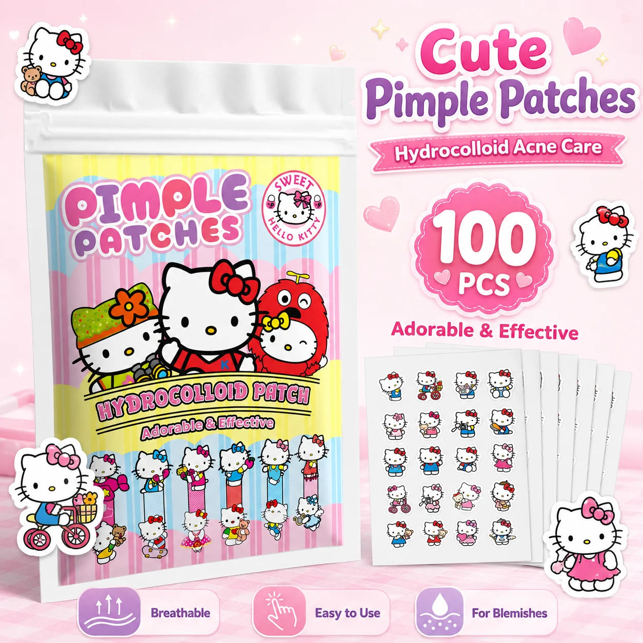 100PCS Hello Kitty Cute Face Stickers, Hydrocolloid Pimple Patches for Invisible Blemish Concealing