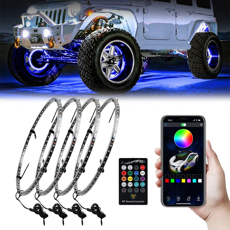 LED Car Hub Ring Light - Sound Reactive Neon Wheel Light (15.5-17 inch) app and remote Tidesmit