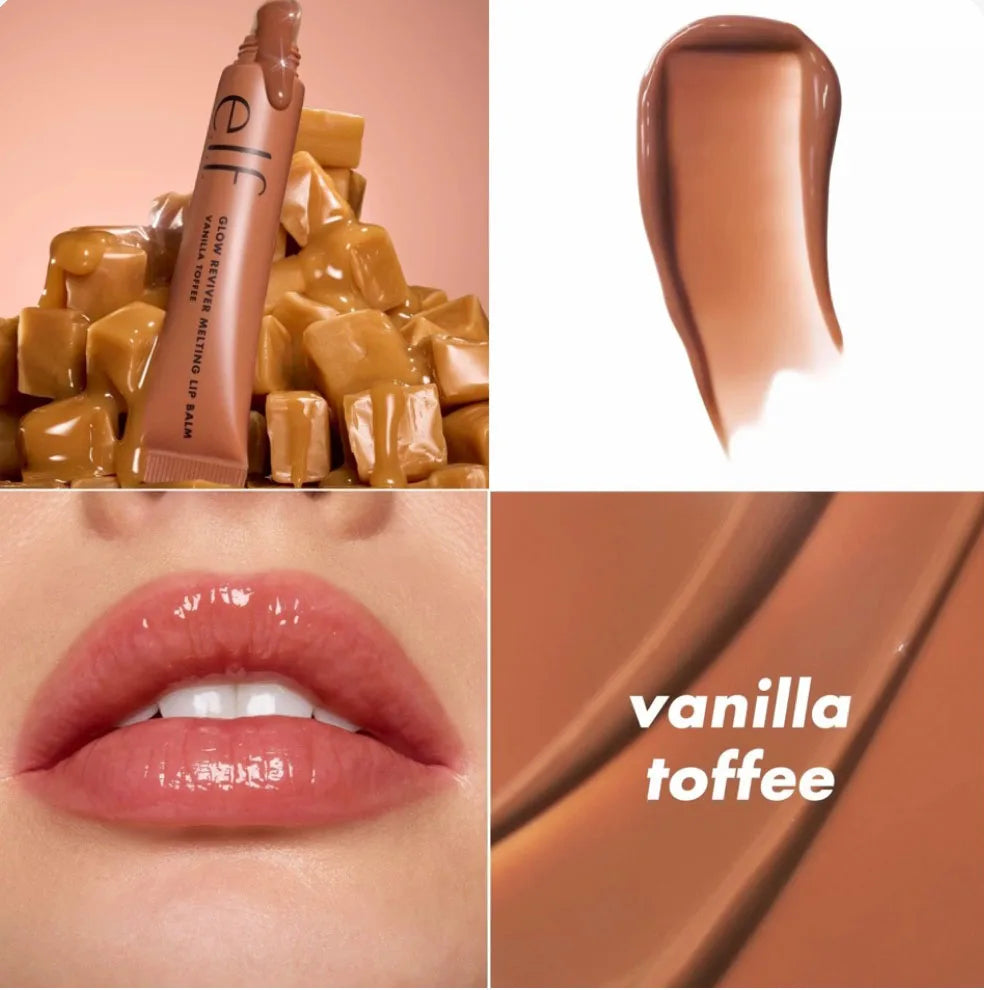 e.l.f. Glow Reviver Melting Lip Balm in Vanilla Toffee, a glossy, moisturizing nude brown tinted lip treatment.