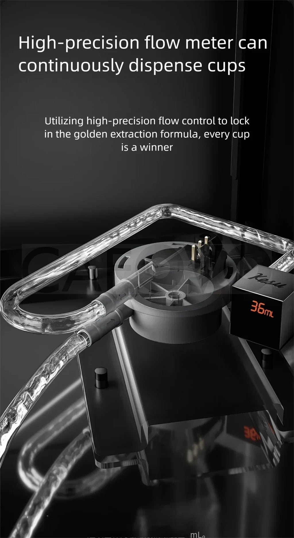 Kesu coffee machine internal flow meter component with clear tubing and digital 36ml display on a black base.