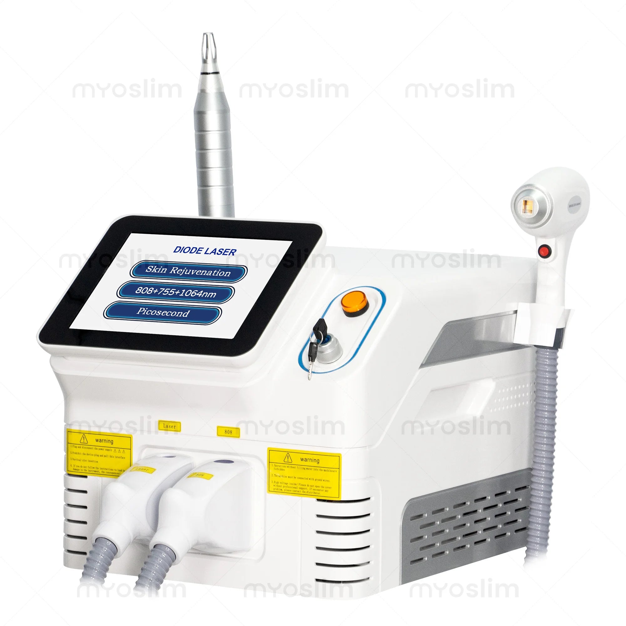 Front view of white diode laser machine with control screen and dual ports