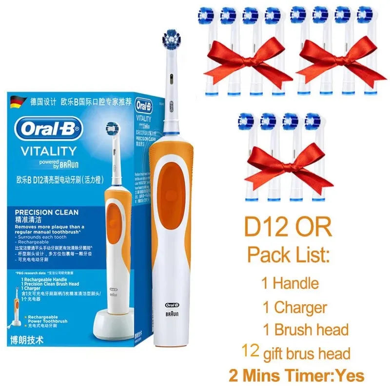Electric toothbrush set, white handle with orange detail, charger and 12 gift brush heads