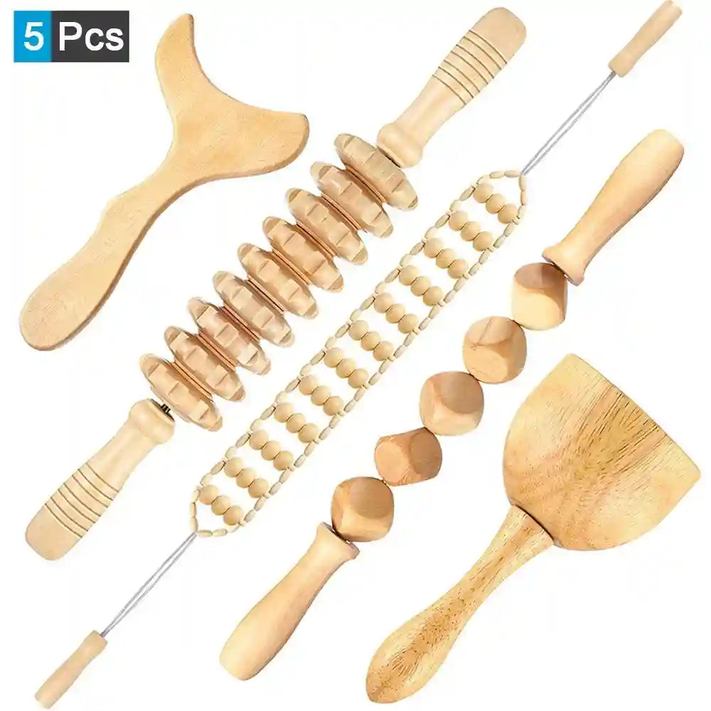 Wood Therapy Massage Roller - Professional Anti Cellulite Guasha Tool Massage Roller 5Pcs Tidesmit