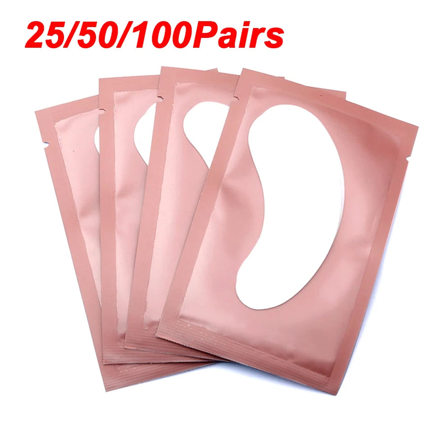 Lint-free under-eye gel patches in rose gold foil sachets, professional eyelash extension supplies, individual packs.