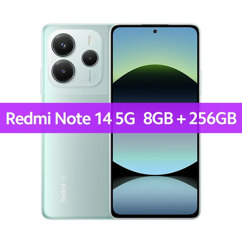 Redmi Note 14 5G mint green smartphone, 108MP camera, 120Hz AMOLED display, front and back view, 8GB/256GB model.