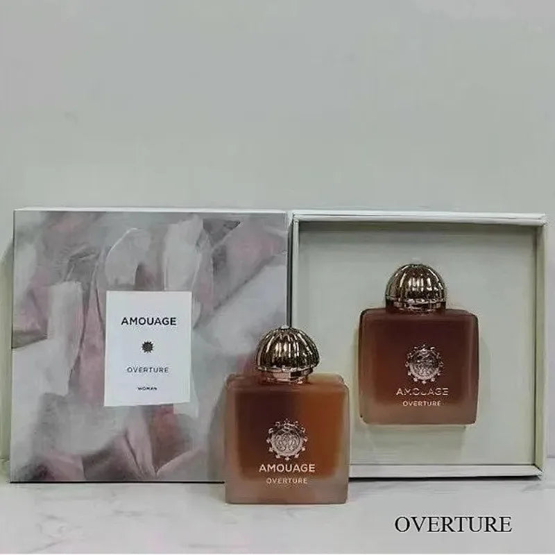 Amouage Overture Women EDP: Luxury floral oriental perfume in square bottle with gold cap. Vanilla, musk, woody scent.