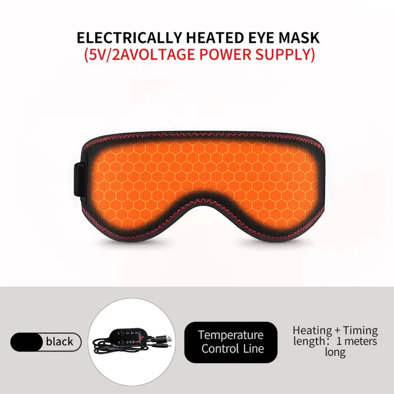Black heated eye mask with a vibrant orange honeycomb-patterned center and an attached wired temperature controller.