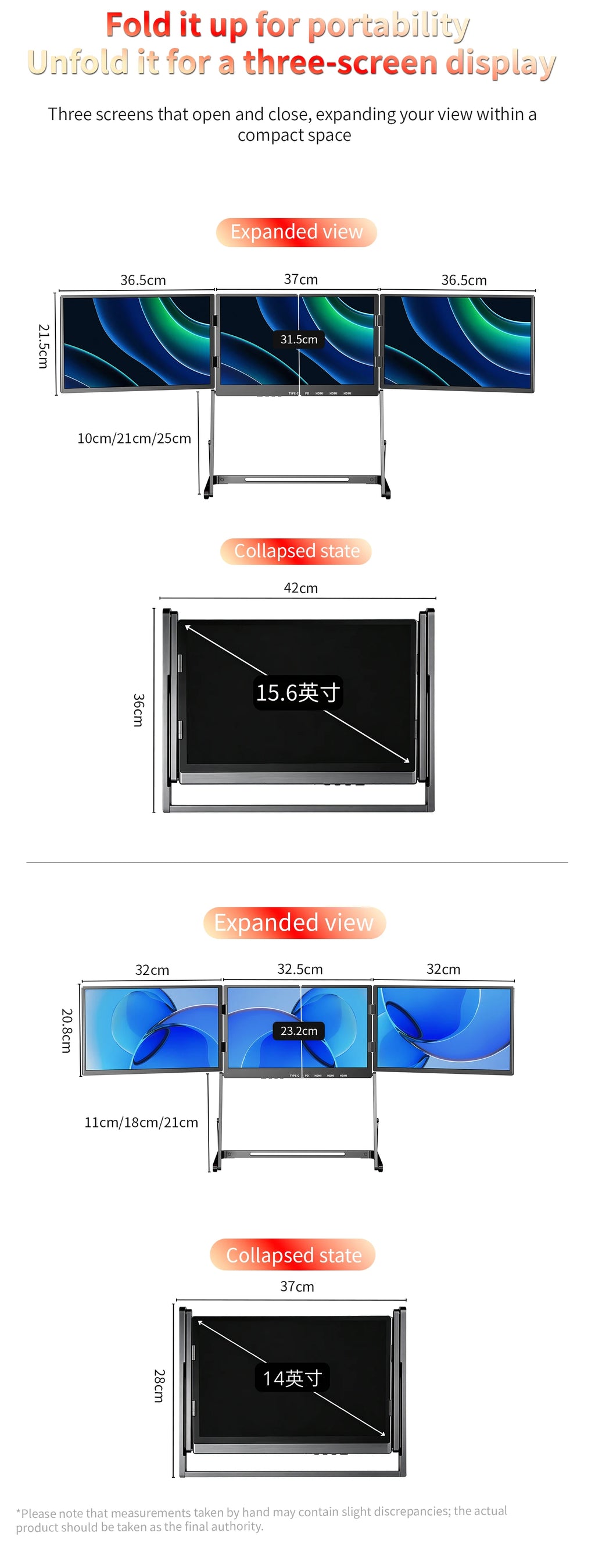 SIBOLAN 16 Inch Triple Screen Foldable Extender Display 2.5k/1080P IPS All-Metal Adjustable Stand USB C for MAC Laptop Travel