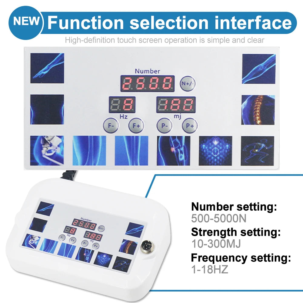 White shockwave therapy machine control panel with LED digital display for pain relief and muscle physiotherapy.