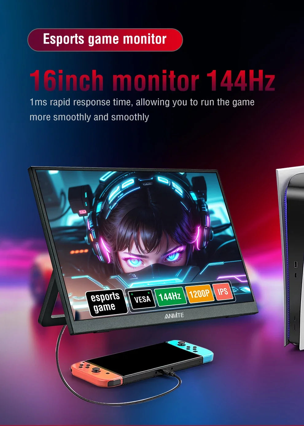 Anmite 16-Inch 144Hz Portable Touch Monitor Non-touch optional 1200P For XBox PS4 / 5 Switch Cell Phone PC Loptop Extension