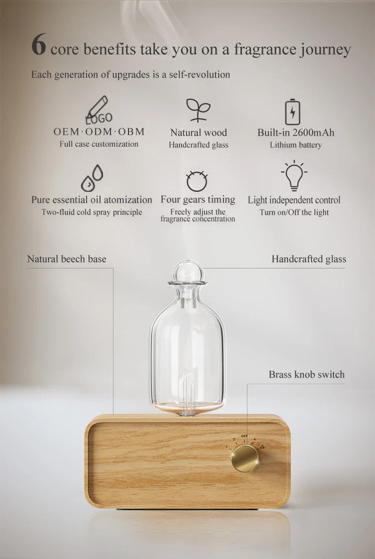 Waterless Aroma Essential Oil Diffuser Rechargeable Wooden Fragrance Electric Scent Diffuser Built-in Battery Nebulizer For Home