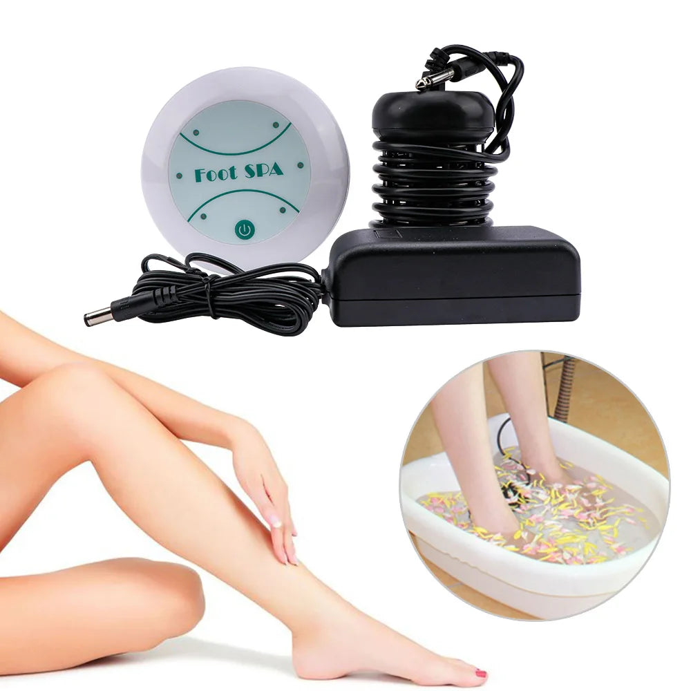 Ionic foot detox spa machine with circular control panel, power adapter, array, and person using it for a foot bath.