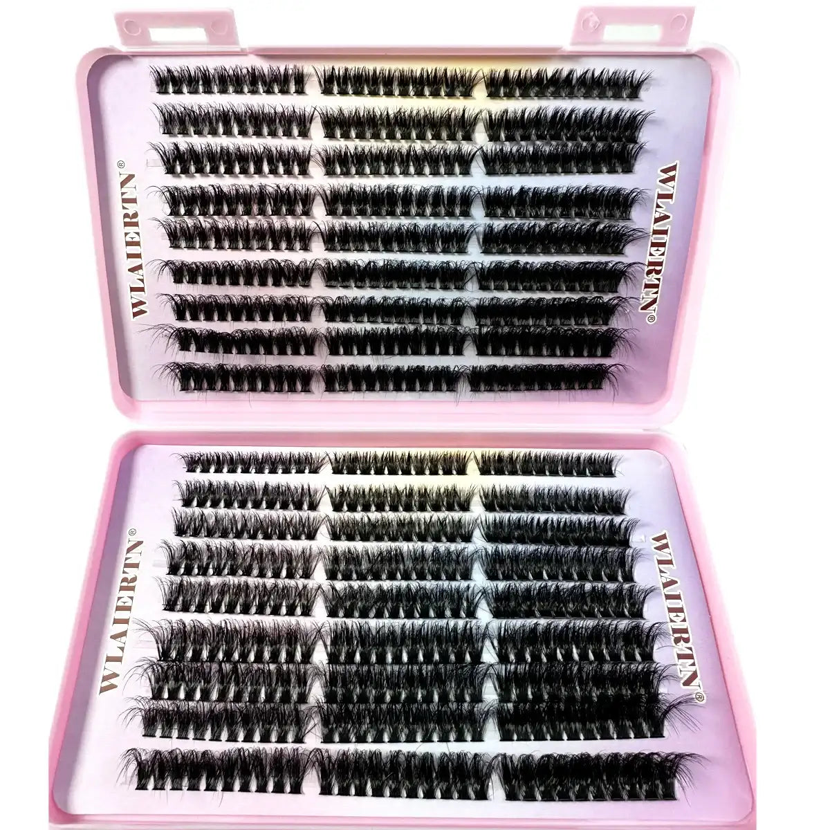Rows of black individual eyelash clusters organized in a rectangular pink plastic storage case.