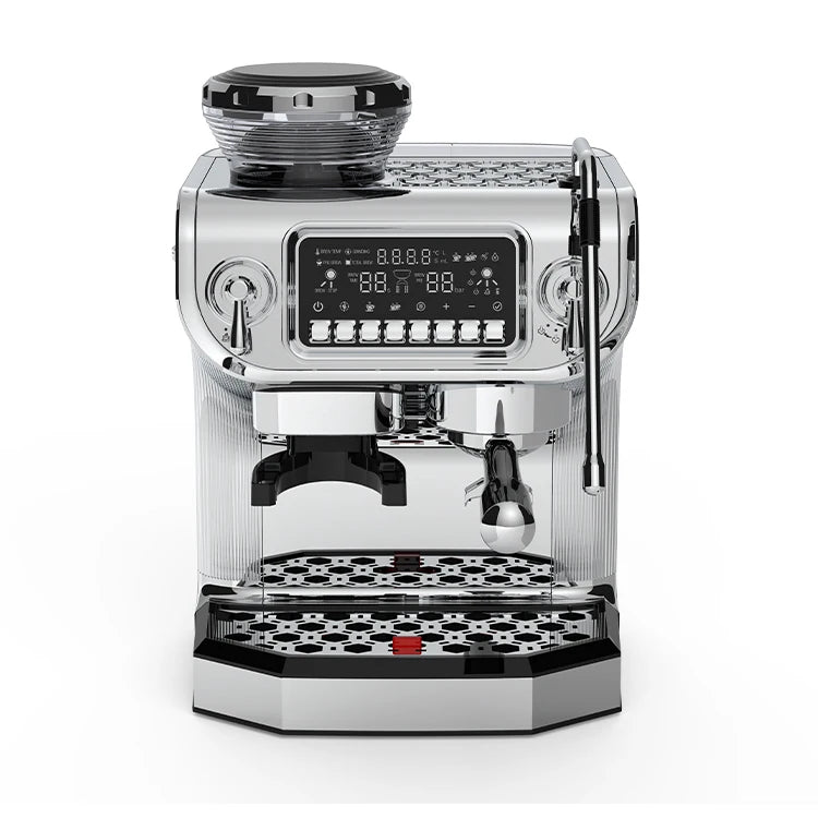 Chrome espresso machine with built-in bean grinder, digital display, milk wand, and stainless steel housing.
