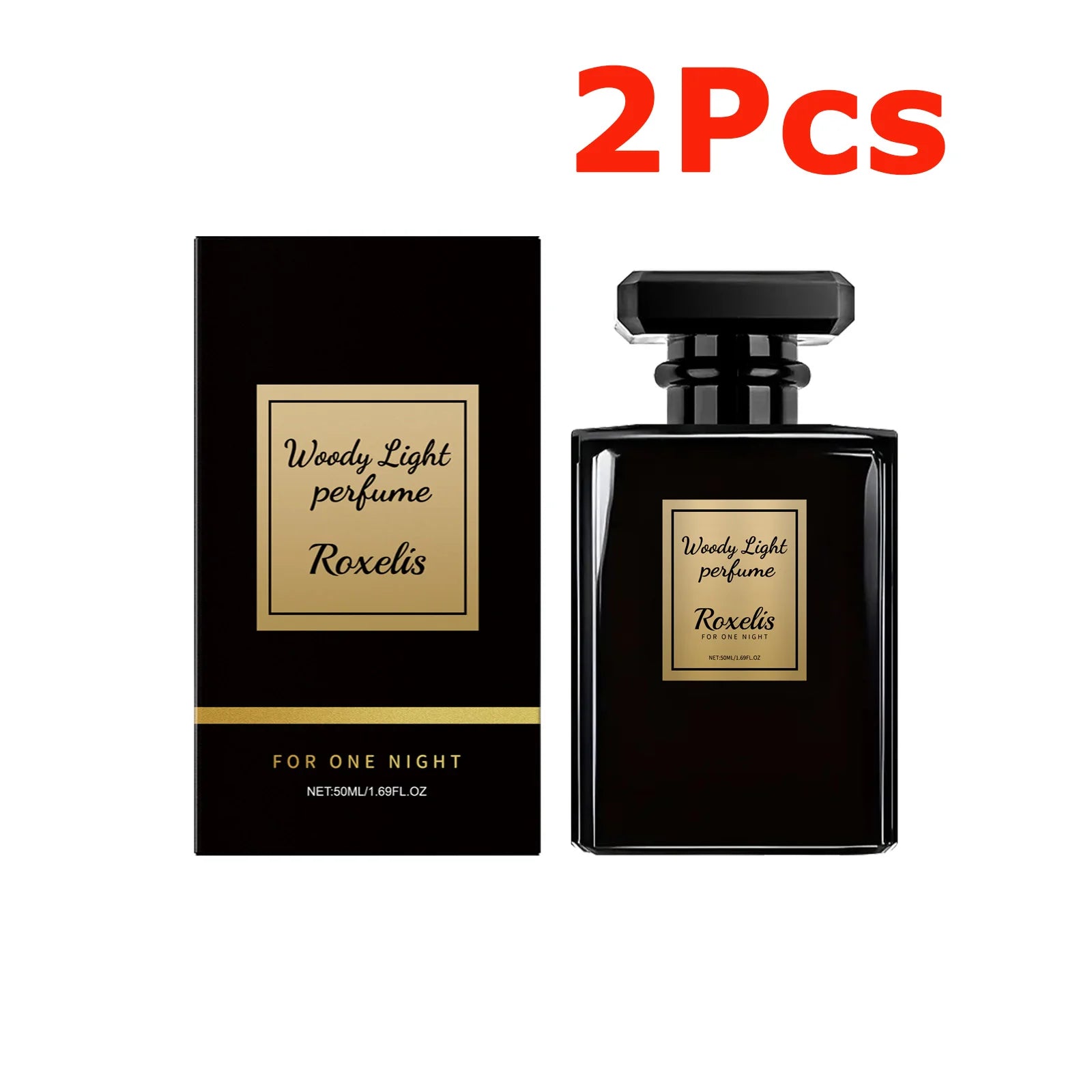Roxelis Woody Light cologne for men. Long-lasting woody fragrance in an elegant black square glass bottle. 2-piece set.