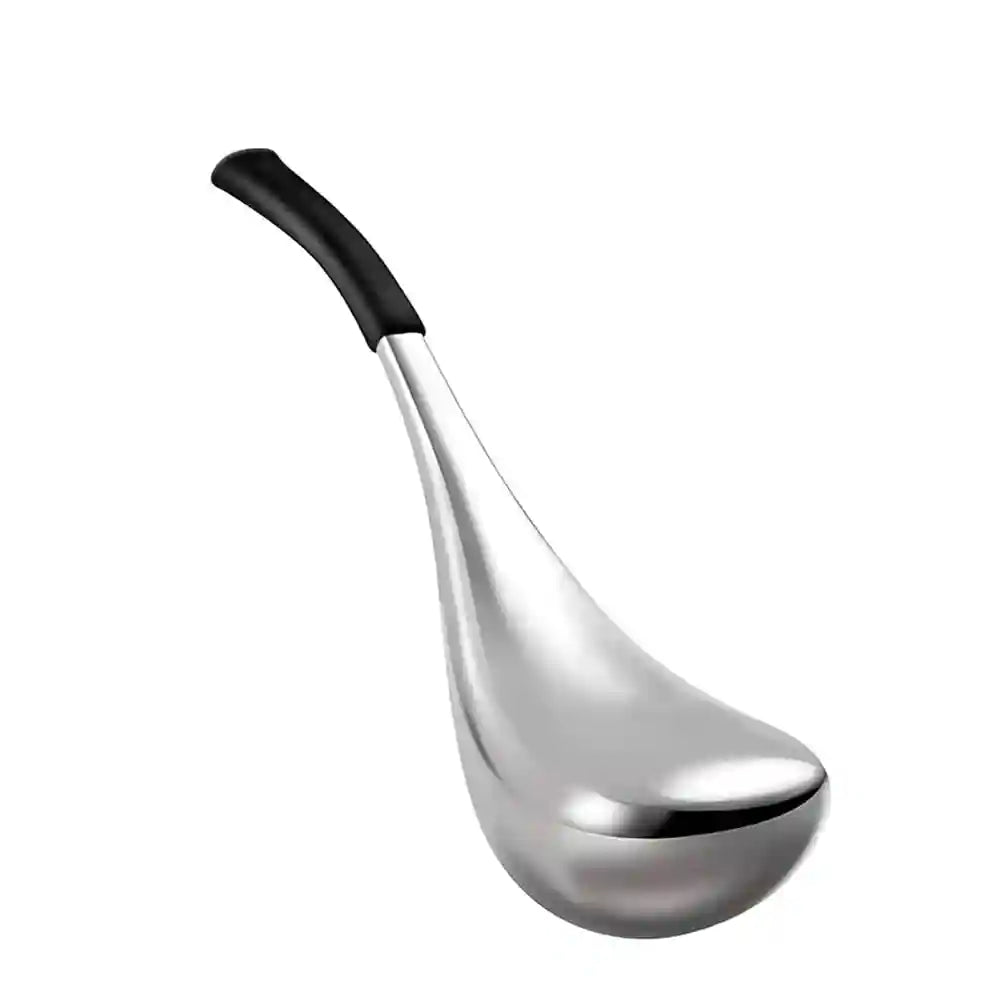 Silver metal facial massage globe with a curved, ergonomic black handle, isolated on a white background.