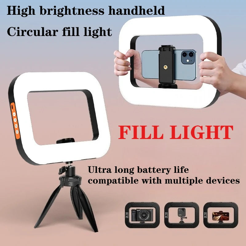 Rectangular handheld LED fill light with phone mount, tripod stand, and side control buttons for photography and video.