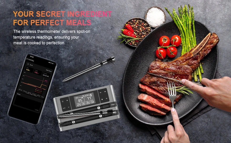 Wireless Meat Thermometer with Dual-Sensor Probe, Real-Time Ambient & Food Temperature Tracking for Precise Cooking Control