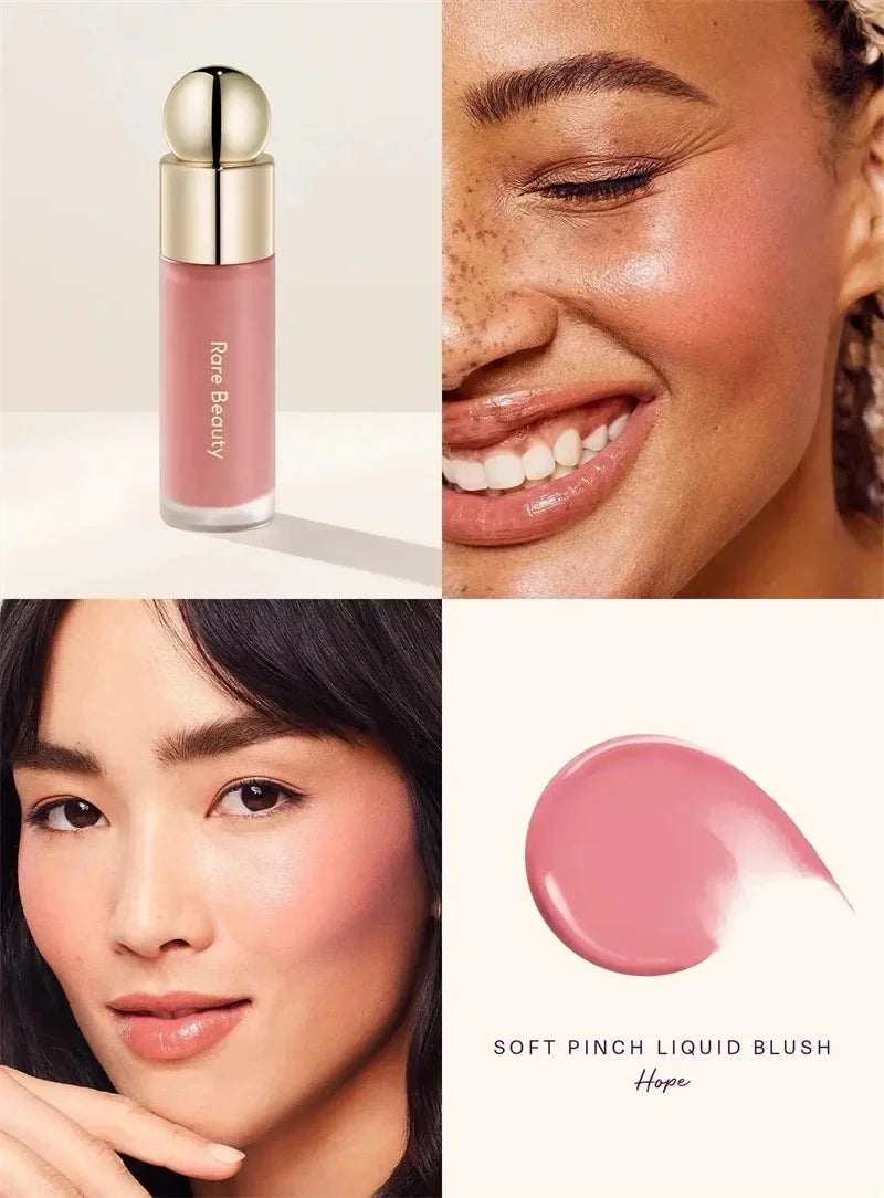 Tidesmit Rare Beauty Liquid Luminizer and Soft Pinch Blush texture close-up for radiant face makeup