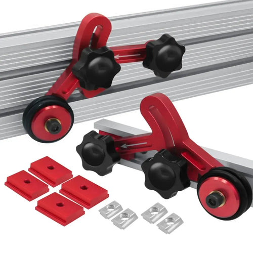 Pair of red woodworking bearing roller stock guides with black adjustable stops and hardware