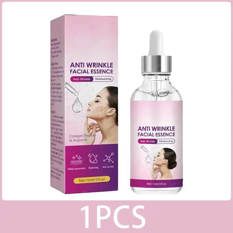 Anti-Wrinkle Facial Essence serum in a dropper glass bottle with collagen and arginine for firm, elastic, hydrated skin.