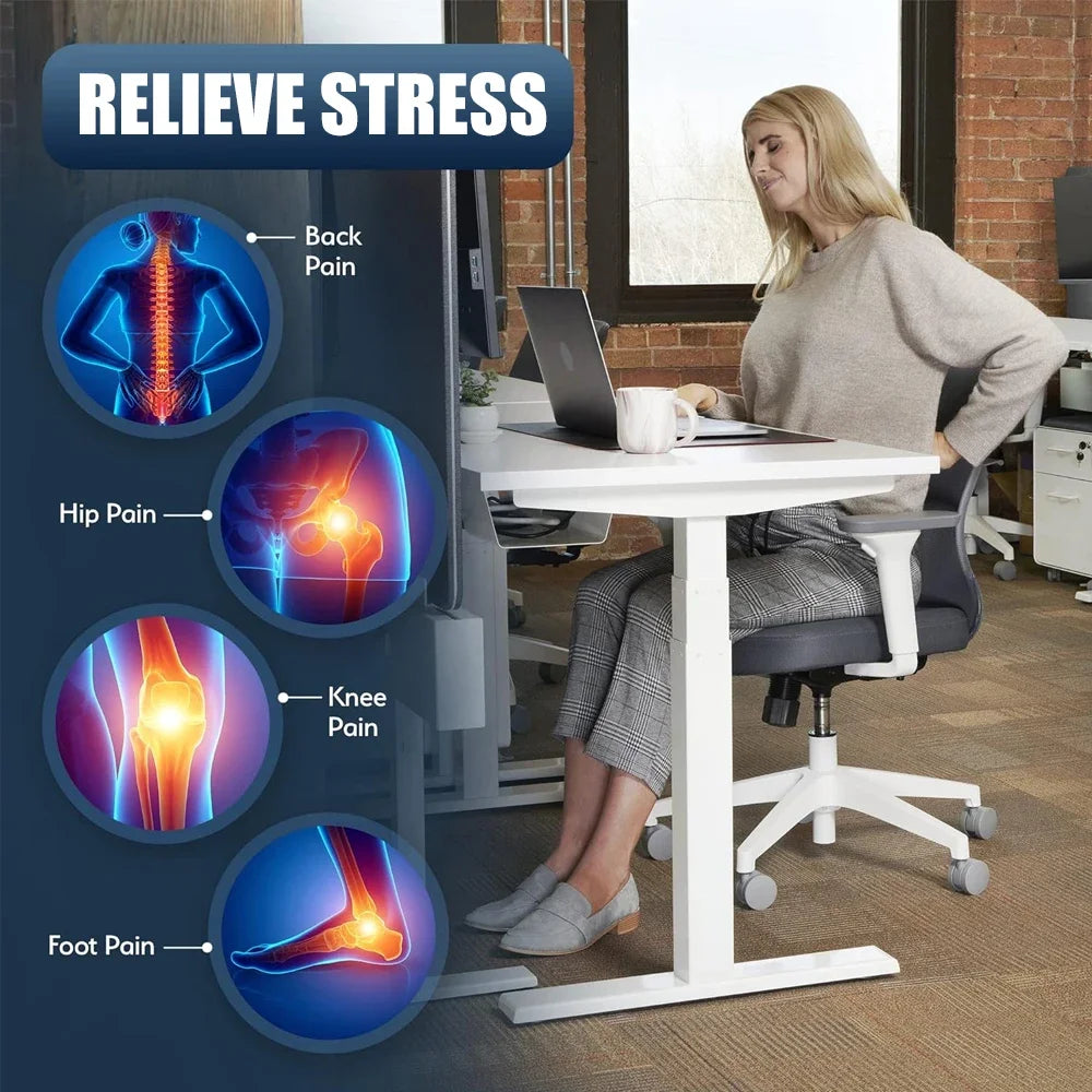 Adjustable under-desk footrest relieving back, hip, knee, and foot pain for ergonomic office desk comfort.