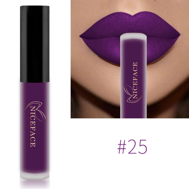 Niceface waterproof matte liquid lipstick shade #25, a long-lasting deep purple liquid lip color on lips.