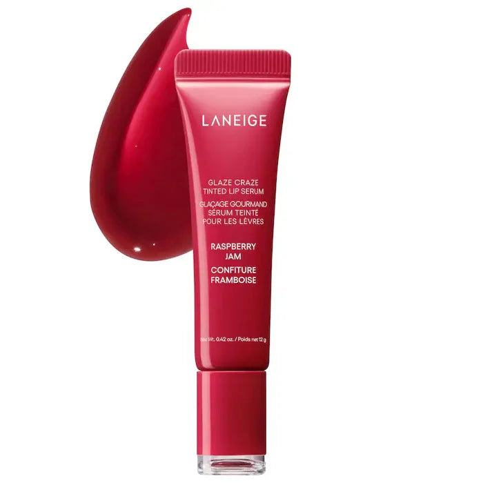 Laneige Glaze Craze Tinted Lip Serum in Raspberry Jam: glossy red lip treatment in a squeeze tube with visible swatch.