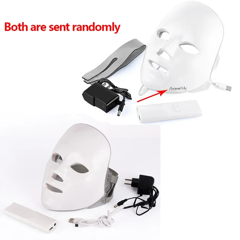 White LED face rejuvenation masks with head straps, remote controls, and power adapters, shown in two configurations.