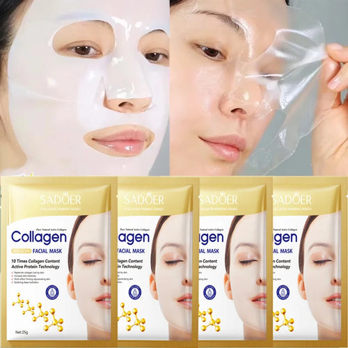 Collagen facial mask sachets with sheet mask applied to model face