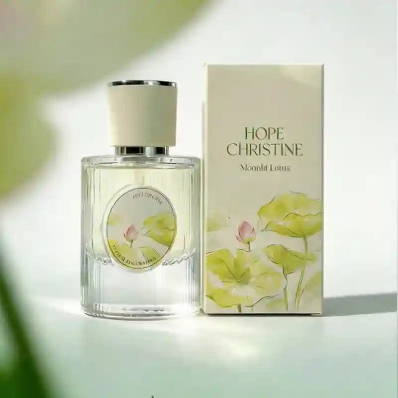 Hope Christine Moonlit Lotus floral woody women’s perfume in ribbed glass bottle with lotus and jasmine notes.