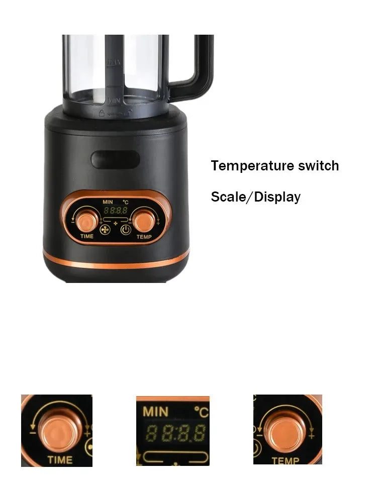 Black electric tea maker with copper trim, glass pitcher, and digital display for time and temperature control.