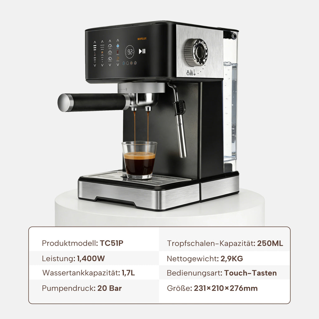 Kafelux TC51P black and stainless steel espresso machine with 1.7L tank, touch controls, and 20 bar pump pressure.