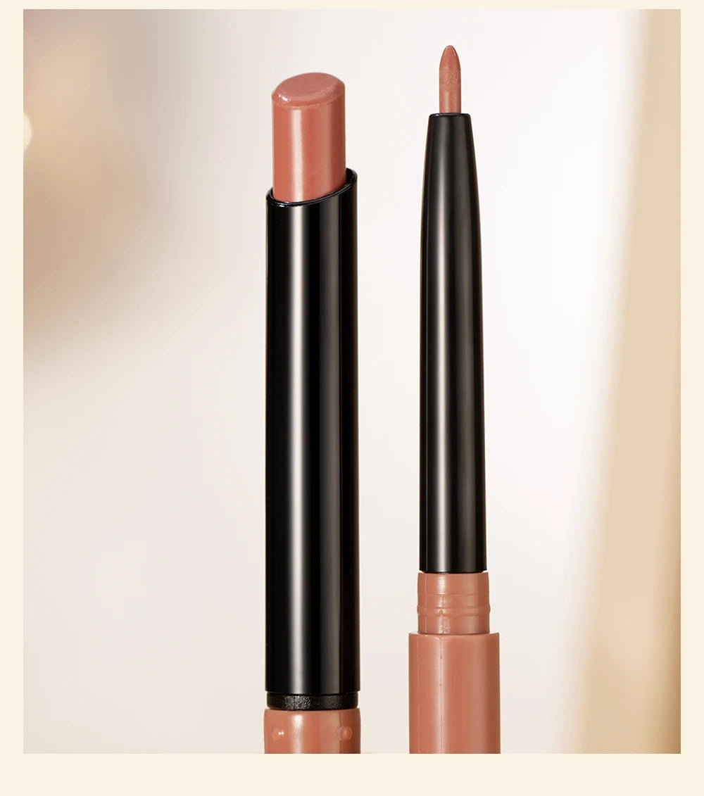 QIBEST matte lipstick and slim lip liner pencil set in a nude brown shade for precise contouring and velvet lip makeup.