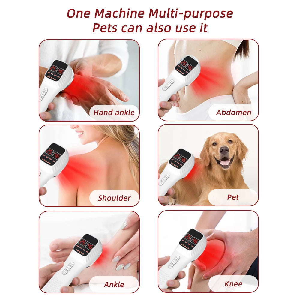 White handheld red light therapy device with digital display, shown being used on various body parts and a dog.