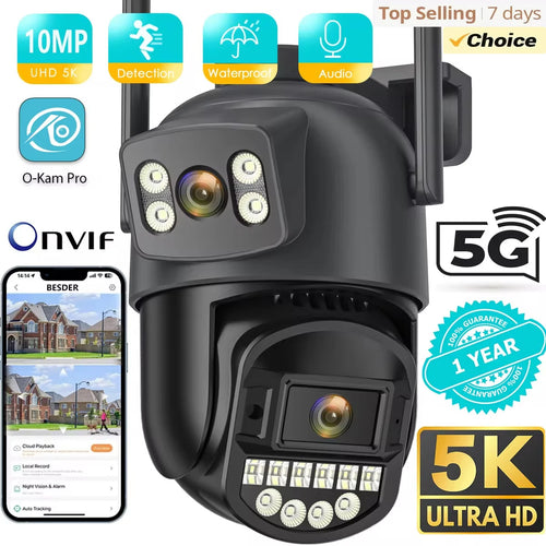Outdoor dual-lens PTZ security camera with two antennas and rotating head, black.